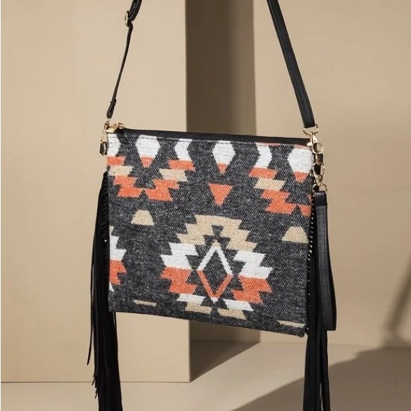 Western Print Faux Suede Fringe Crossbody Bag NWT - Picture 3 of 7